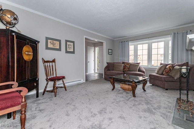 living room with crown molding, carpet flooring, and baseboard heating