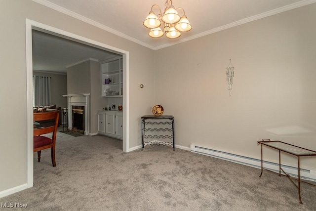 carpeted dining area featuring a notable chandelier, crown molding, and a baseboard radiator