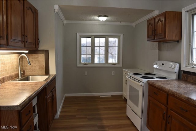 kitchen with crown molding, sink, decorative backsplash, and white range with electric cooktop