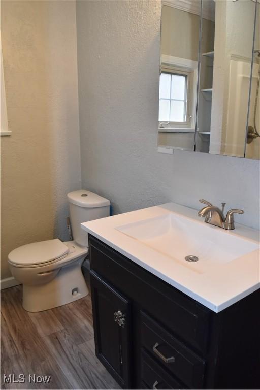 bathroom with vanity, toilet, and hardwood / wood-style floors