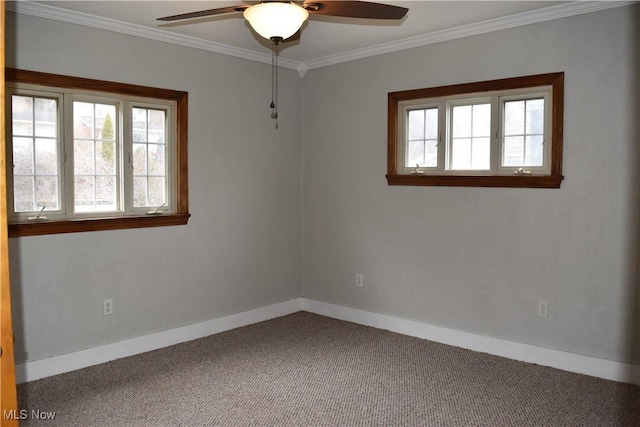 spare room with carpet floors, ornamental molding, a healthy amount of sunlight, and ceiling fan