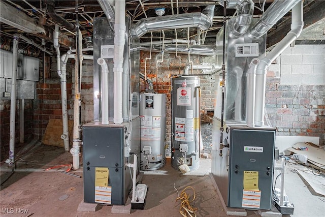 utility room with gas water heater and heating unit