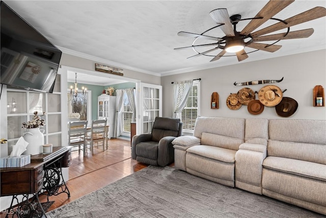 living room with ornamental molding, ceiling fan with notable chandelier, and hardwood / wood-style floors