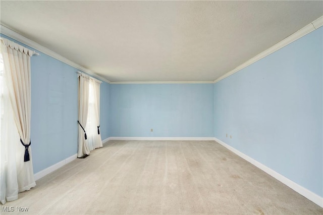 spare room featuring crown molding and light carpet