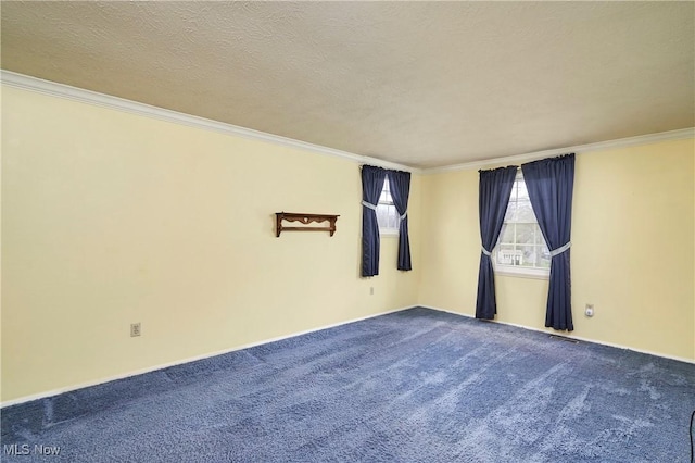 carpeted empty room featuring crown molding and a textured ceiling