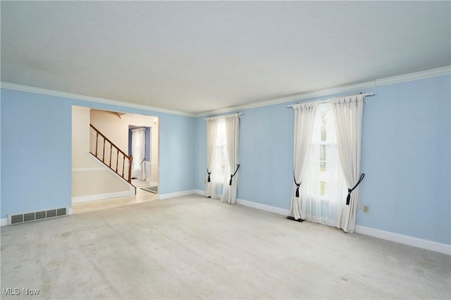 carpeted empty room with crown molding and a textured ceiling