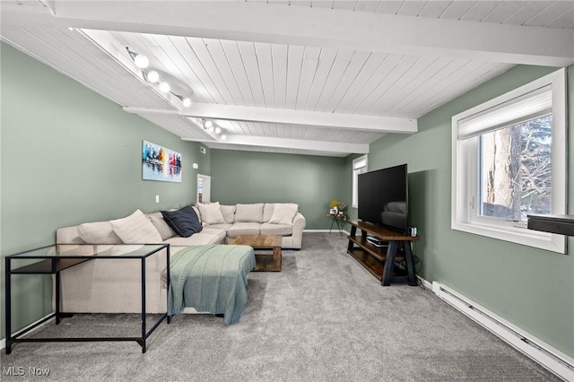 carpeted living room with baseboard heating, wood ceiling, and beam ceiling