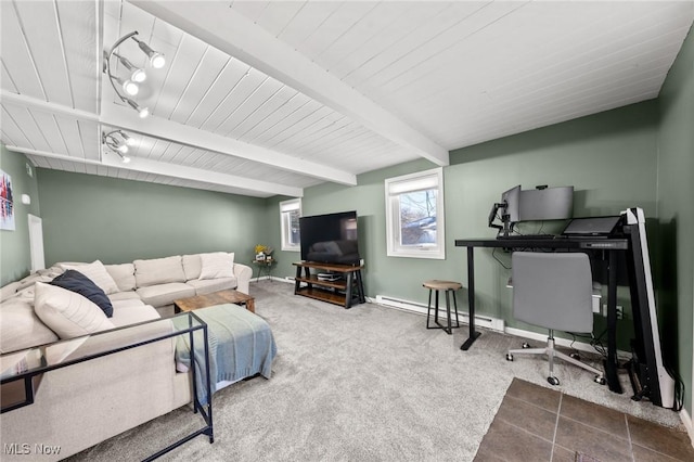 carpeted living room with a baseboard heating unit, beam ceiling, wooden ceiling, and rail lighting