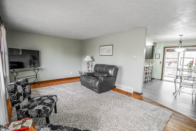 living room featuring hardwood / wood-style floors and a textured ceiling