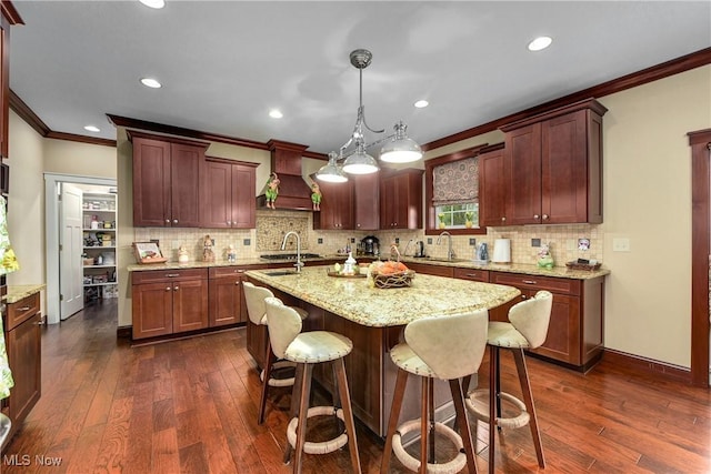 kitchen with pendant lighting, sink, dark hardwood / wood-style floors, light stone counters, and a center island with sink