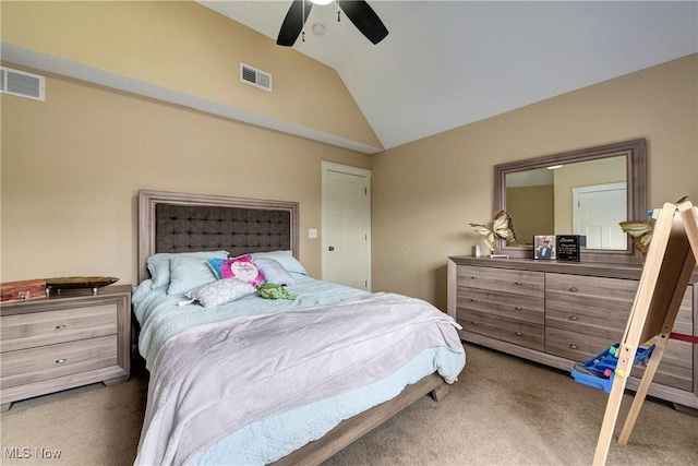 bedroom featuring ceiling fan, lofted ceiling, and dark carpet