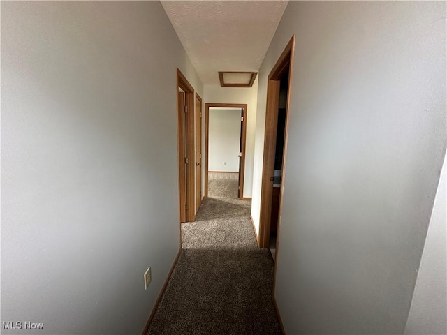 hallway with a textured ceiling, attic access, and carpet