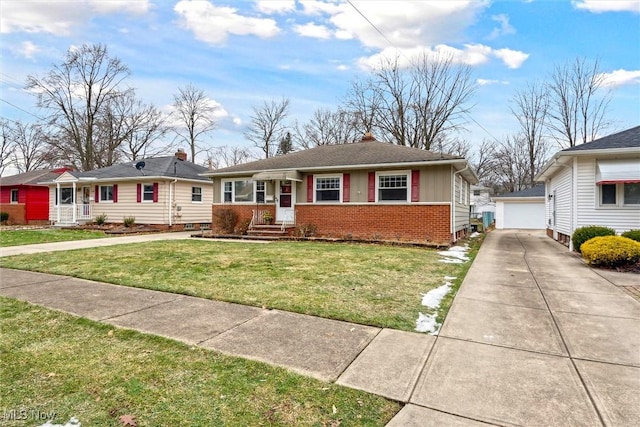 single story home featuring a garage, an outdoor structure, and a front yard