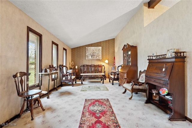 living area featuring lofted ceiling, light colored carpet, and a textured ceiling