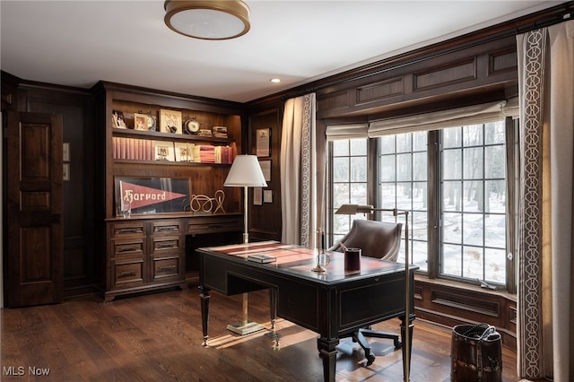 office space with ornamental molding, dark hardwood / wood-style floors, and a wealth of natural light