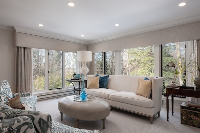 carpeted living room featuring crown molding