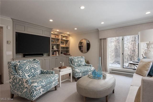 carpeted living room with a baseboard radiator and crown molding