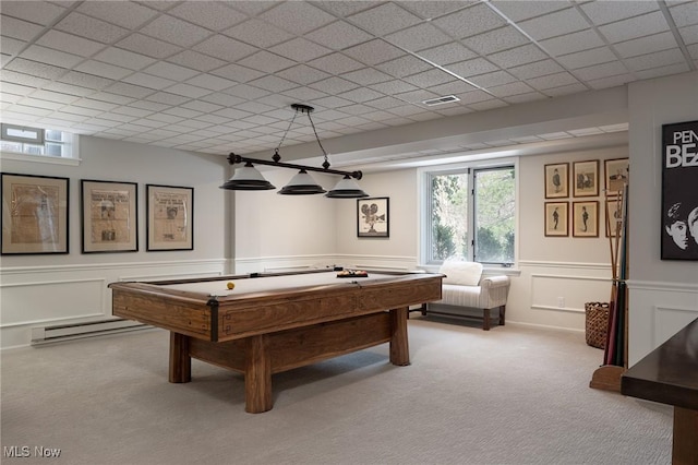 rec room with a baseboard heating unit, billiards, and carpet