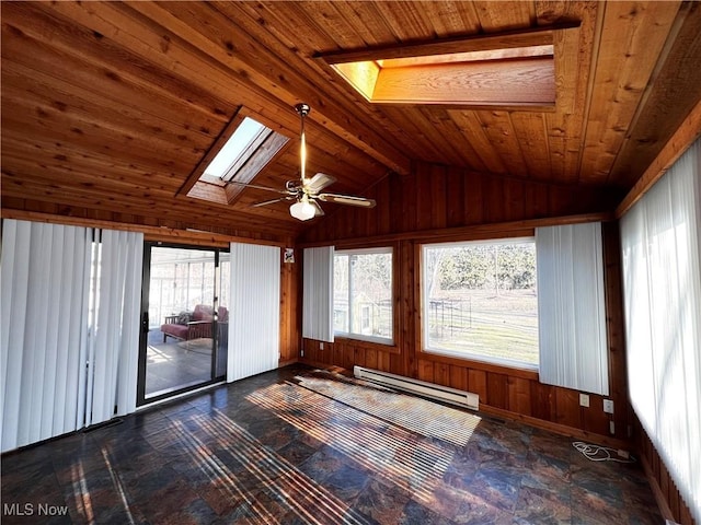 unfurnished sunroom with ceiling fan, vaulted ceiling with skylight, wood ceiling, and baseboard heating