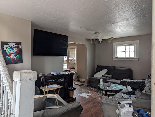 living room featuring wood-type flooring and a textured ceiling