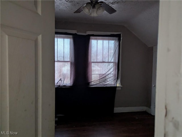 additional living space featuring ceiling fan, lofted ceiling, dark hardwood / wood-style floors, and a textured ceiling