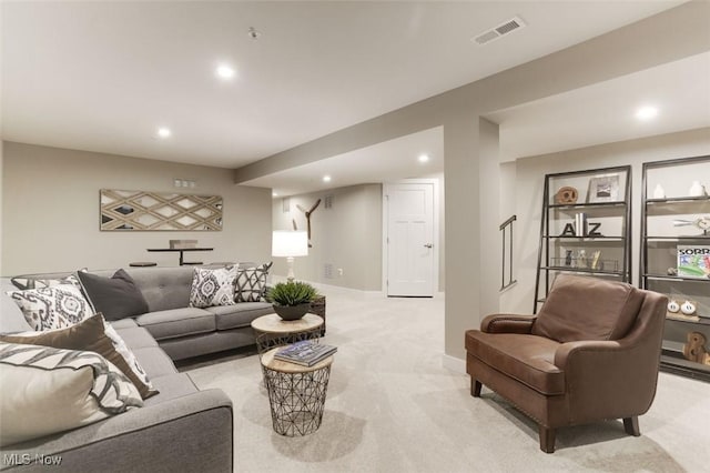 living room featuring light colored carpet