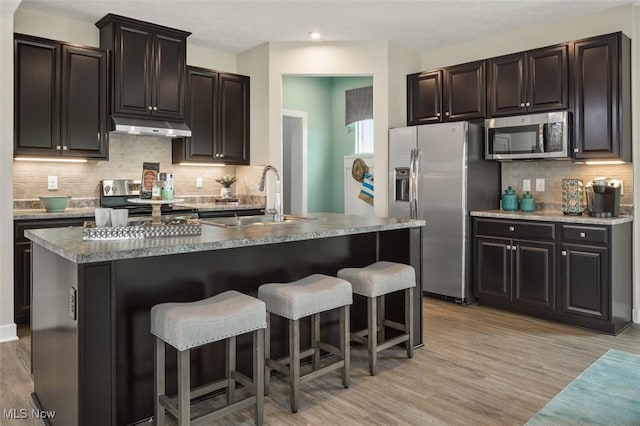 kitchen with an island with sink, appliances with stainless steel finishes, sink, and light hardwood / wood-style floors