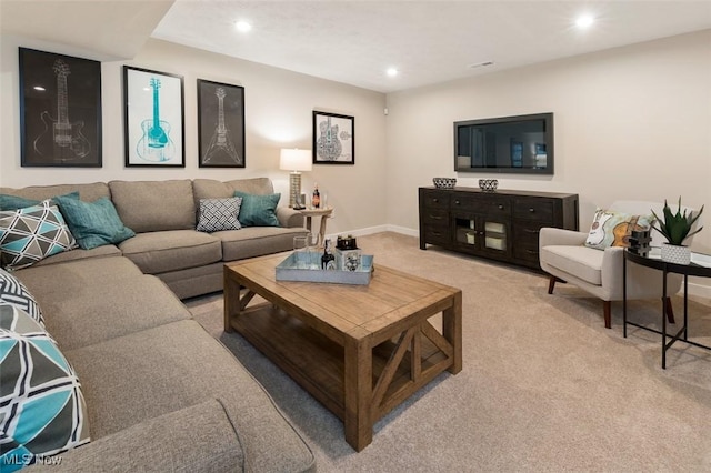 living room featuring light carpet