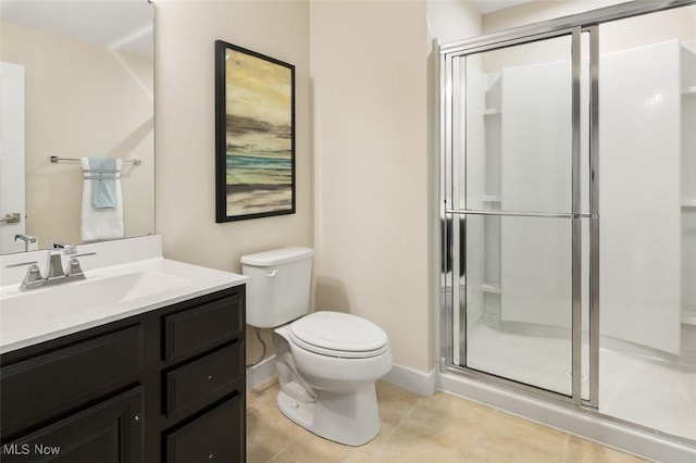 bathroom featuring tile patterned floors, vanity, toilet, and an enclosed shower