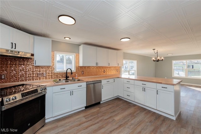 kitchen featuring pendant lighting, sink, white cabinets, kitchen peninsula, and stainless steel appliances