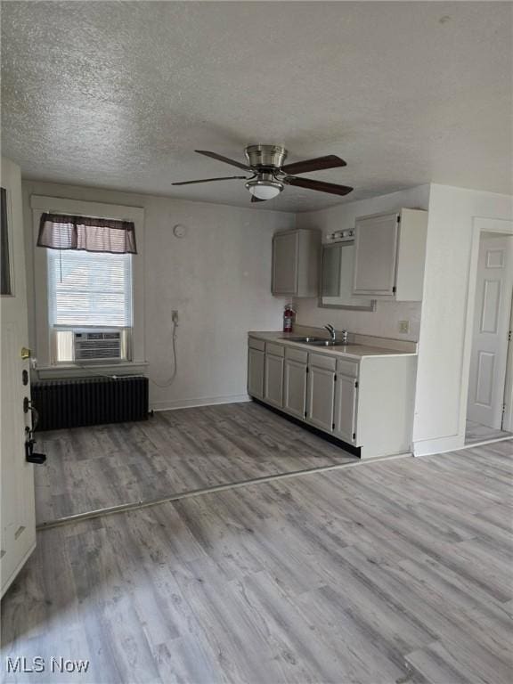 kitchen featuring radiator, sink, a textured ceiling, and light wood-type flooring