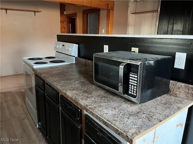 kitchen featuring white electric range oven and light wood-type flooring