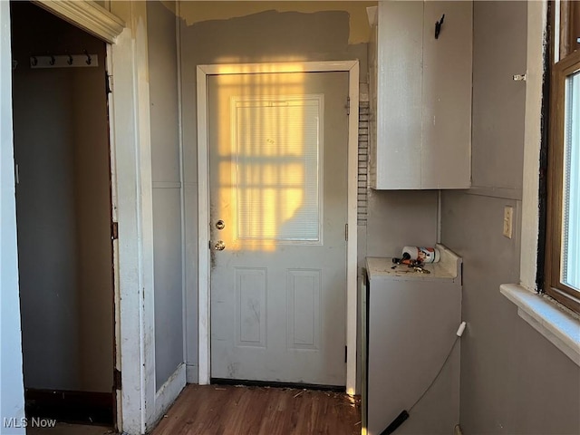 doorway to outside with washer / dryer and dark wood-type flooring