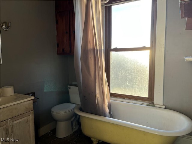 bathroom featuring toilet, a healthy amount of sunlight, vanity, and a tub to relax in