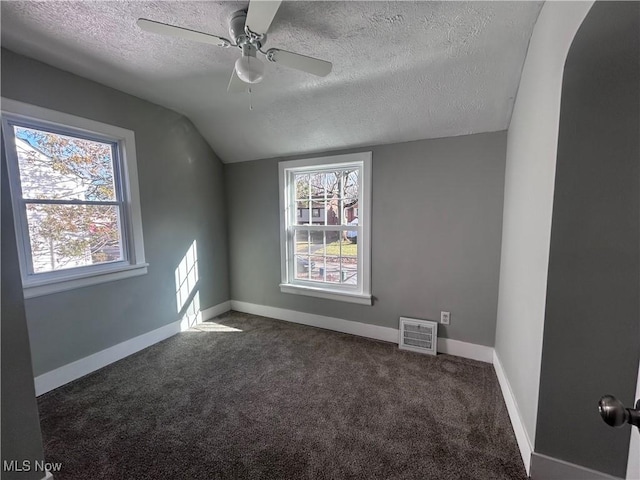 additional living space with ceiling fan, lofted ceiling, dark carpet, and a textured ceiling