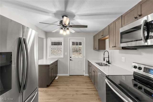 kitchen featuring sink, ceiling fan, appliances with stainless steel finishes, dark brown cabinetry, and light wood-type flooring