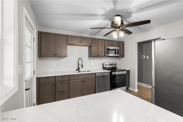 kitchen featuring wood-type flooring, sink, dark brown cabinetry, ceiling fan, and stainless steel appliances