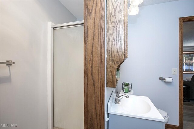 bathroom featuring vanity and an enclosed shower