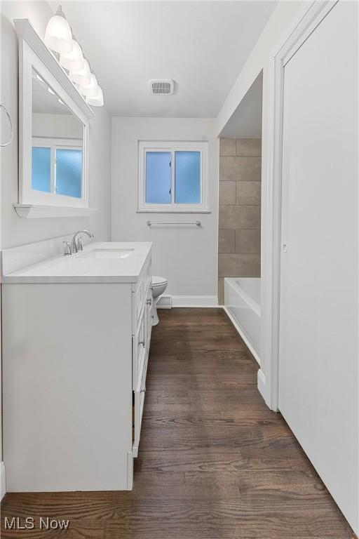 bathroom featuring hardwood / wood-style flooring, vanity, and toilet