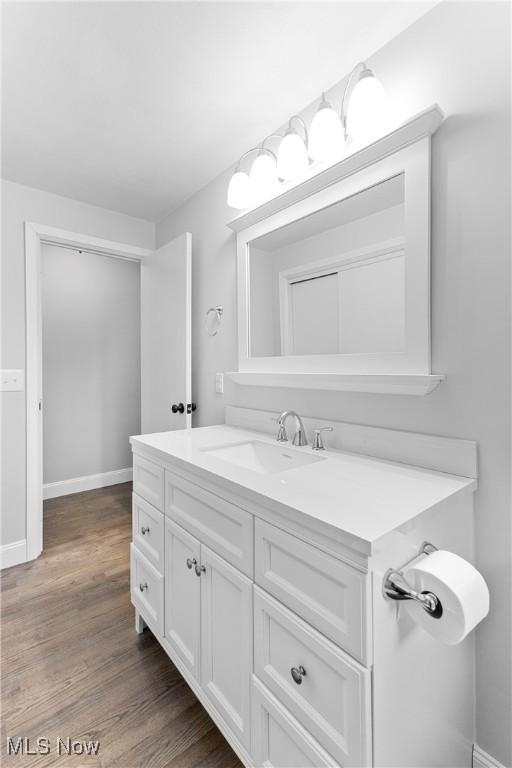 bathroom with vanity and hardwood / wood-style floors