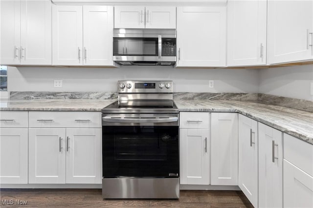 kitchen with white cabinetry, light stone counters, and appliances with stainless steel finishes