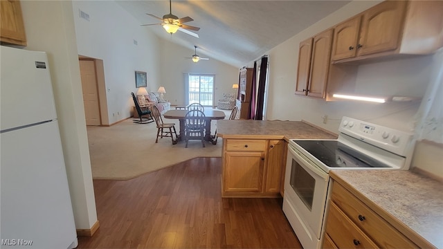 kitchen with white appliances, high vaulted ceiling, wood-type flooring, kitchen peninsula, and light brown cabinets