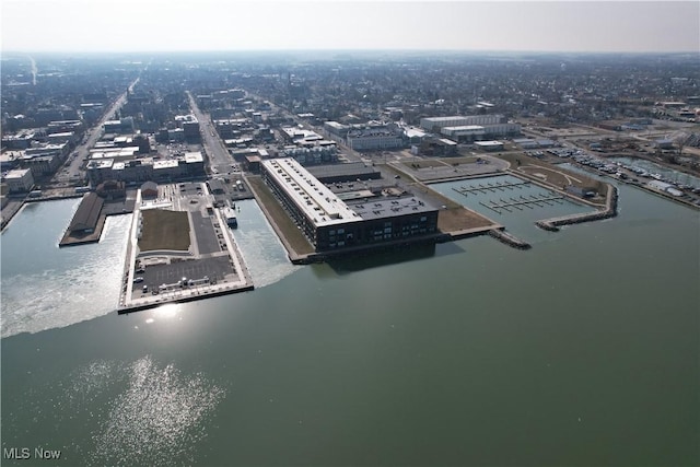 bird's eye view with a water view