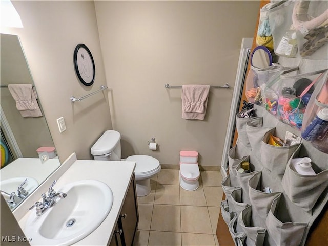 bathroom with vanity, toilet, and tile patterned flooring