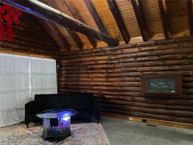 living room featuring wood ceiling, log walls, and vaulted ceiling with beams