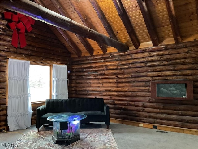 living room with high vaulted ceiling, beam ceiling, wooden ceiling, and rustic walls