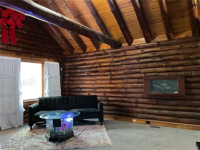 living room with wood ceiling, high vaulted ceiling, rustic walls, and beamed ceiling