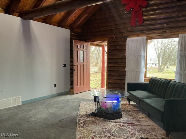 carpeted living room featuring wood ceiling, log walls, high vaulted ceiling, and beamed ceiling