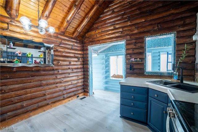 kitchen with electric stove, wooden ceiling, vaulted ceiling with beams, blue cabinetry, and a sink