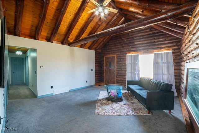 unfurnished living room featuring high vaulted ceiling, wood ceiling, visible vents, baseboards, and beamed ceiling